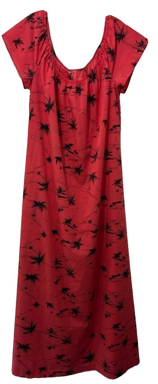 Vintage Hilo Hattie Muumuu Dress Medium Red Hawaii Map Palm Tree Made Hawaii